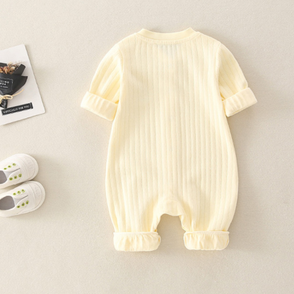 Newborn Baby Boy/Girl Ribbed Sailboat Patch Solid Color Botton Up Long Sleeve Romper