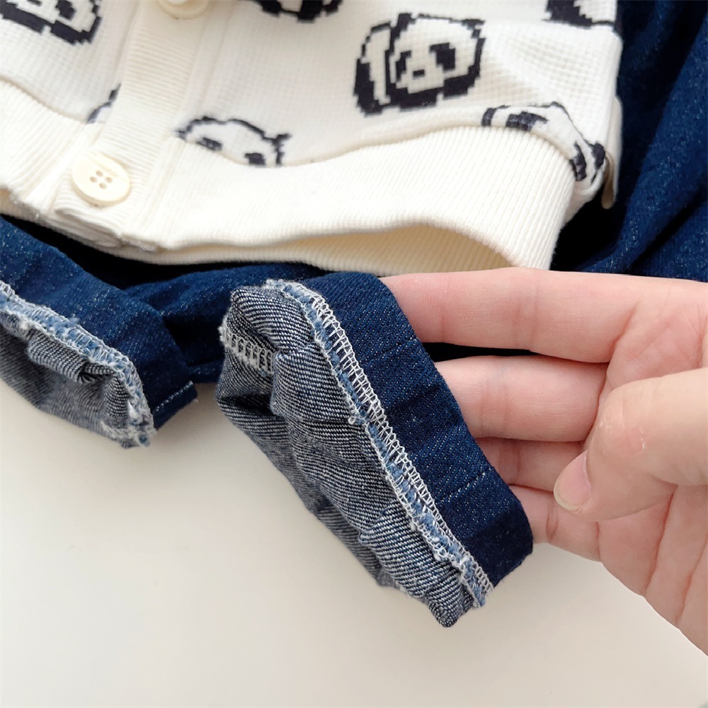 Baby Boy Panda Print Long Sleeve Cardigan with Denim Pants Set-kissminis