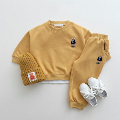 2pcs Toddler Boy/Girl Cool Bear Embroider T-Shirt and Pants Set-kissminis