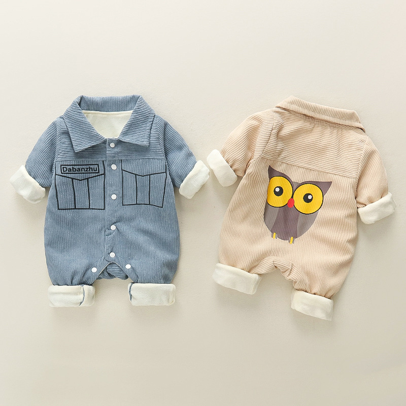 Baby Owls Pattern Solid Color Corduroy Romper-kissminis