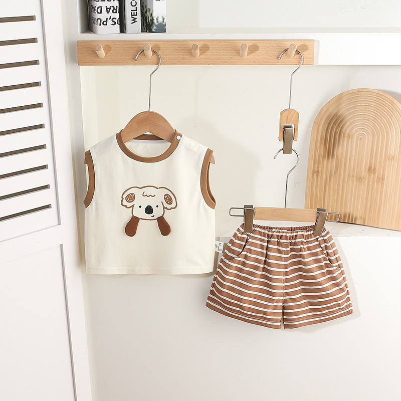 Sleeveless White Top with Koala Print and Brown Striped Shorts Set