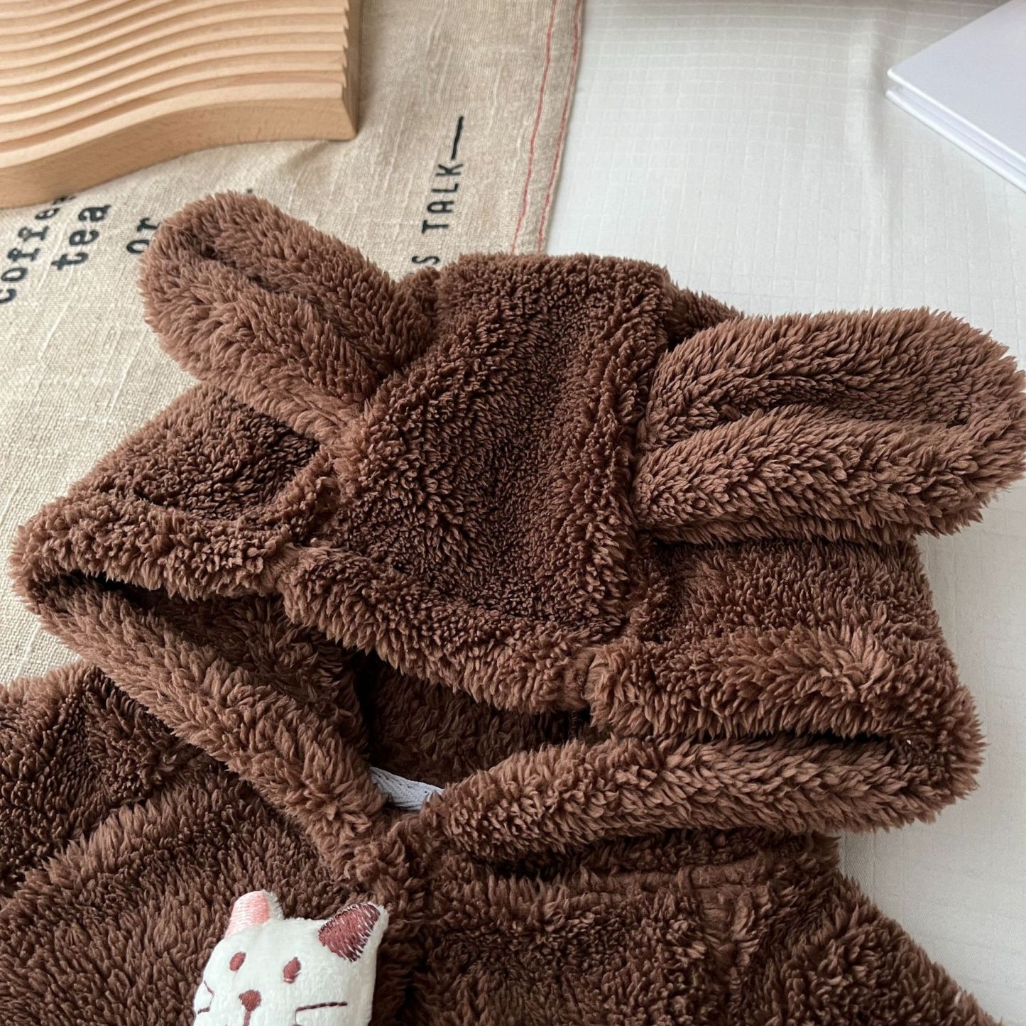 Baby Boy/Girl Ears Design Animal Graphic Solid Color Fleece Long Sleeve Hooded Romper-kissminis