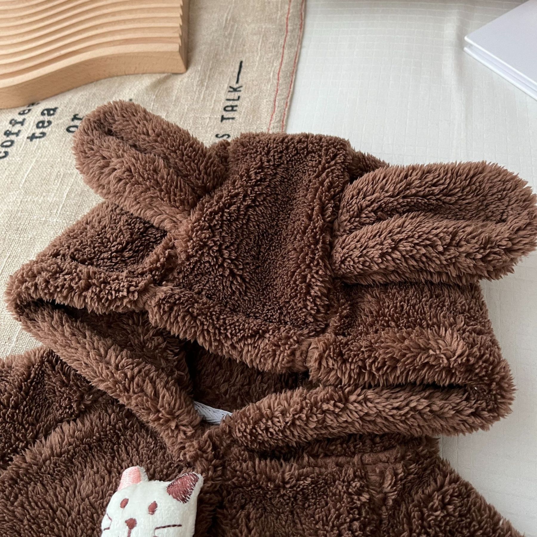 Baby Boy/Girl Ears Design Animal Graphic Solid Color Fleece Long Sleeve Hooded Romper-kissminis