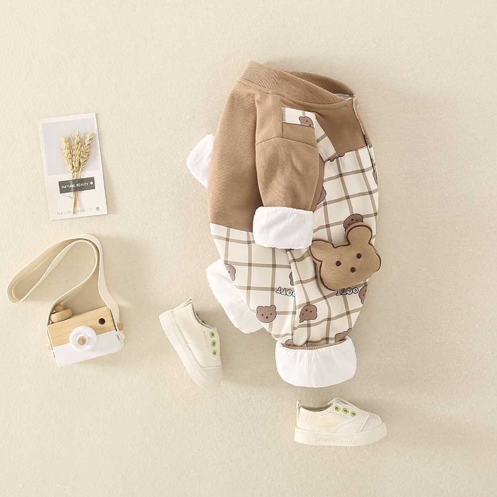 Baby Cartoon Bear Graphic Plaid Long Sleeve Romper-kissminis