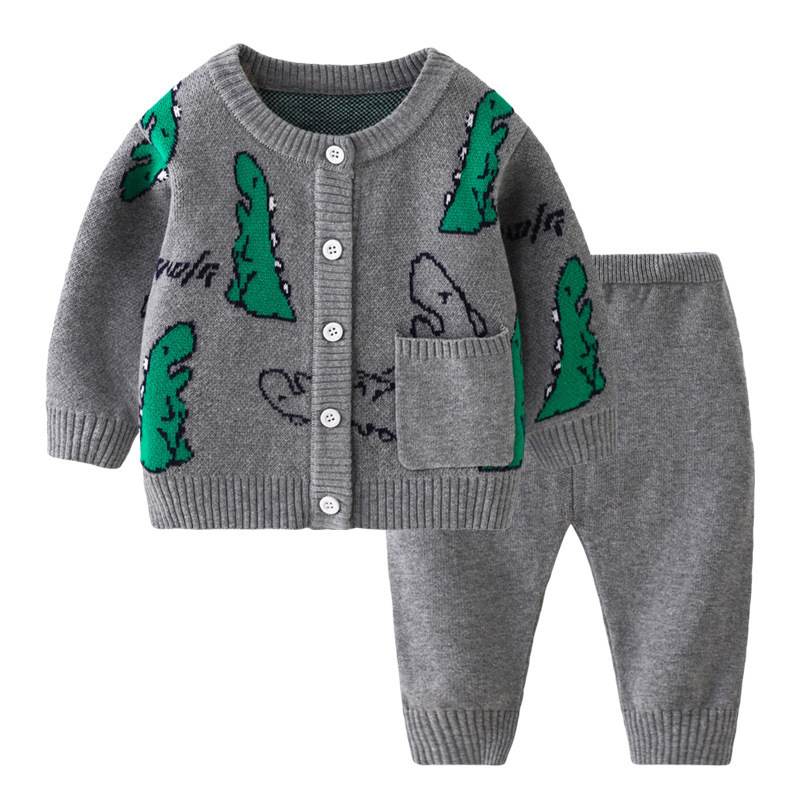 Baby Boy/Girl Ribbed Knit Dinosaur Cardigan Sweatshirt with Pants Set-kissminis