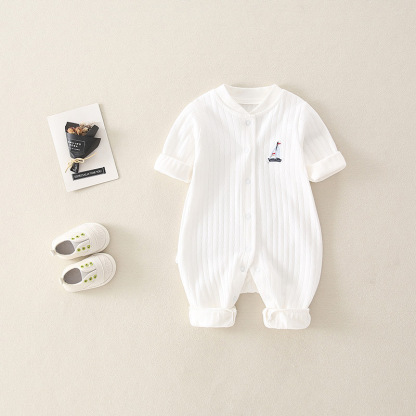 Newborn Baby Boy/Girl Ribbed Sailboat Patch Solid Color Botton Up Long Sleeve Romper