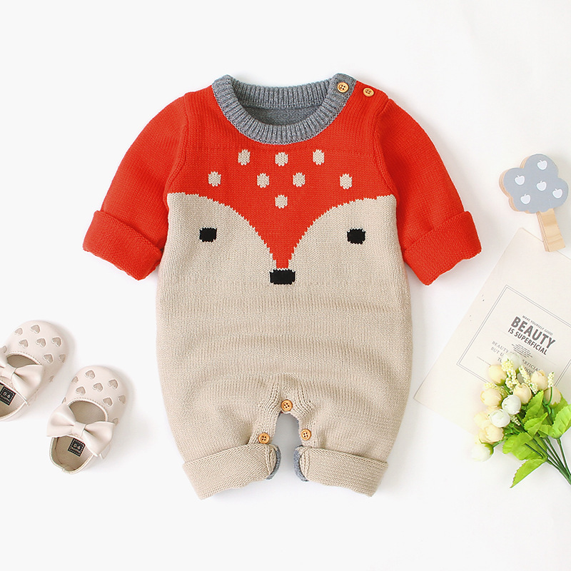 Baby Boy/Girl Cute Fox Design Knitted Long Sleeve Romper-kissminis