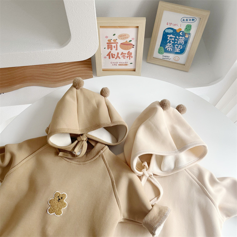 Baby Boy/Girl Bear Pattern Solid Color Long Sleeve Romper and Hat Set-kissminis