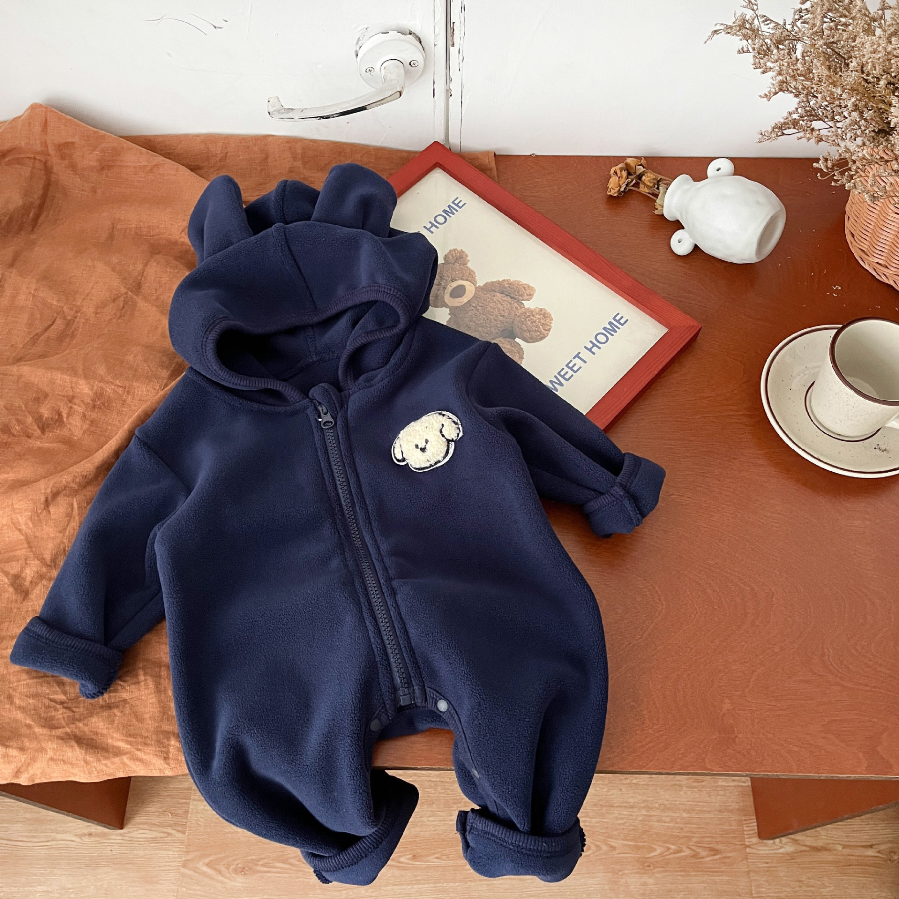Baby Boy/Girl Cute Puppy Pattern Solid Color Fleece Long Sleeve Hooded Romper-kissminis