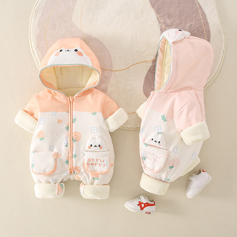 Baby Girl Winter Rabbit Patch Long Sleeve Fluff Hooded Romper-kissminis