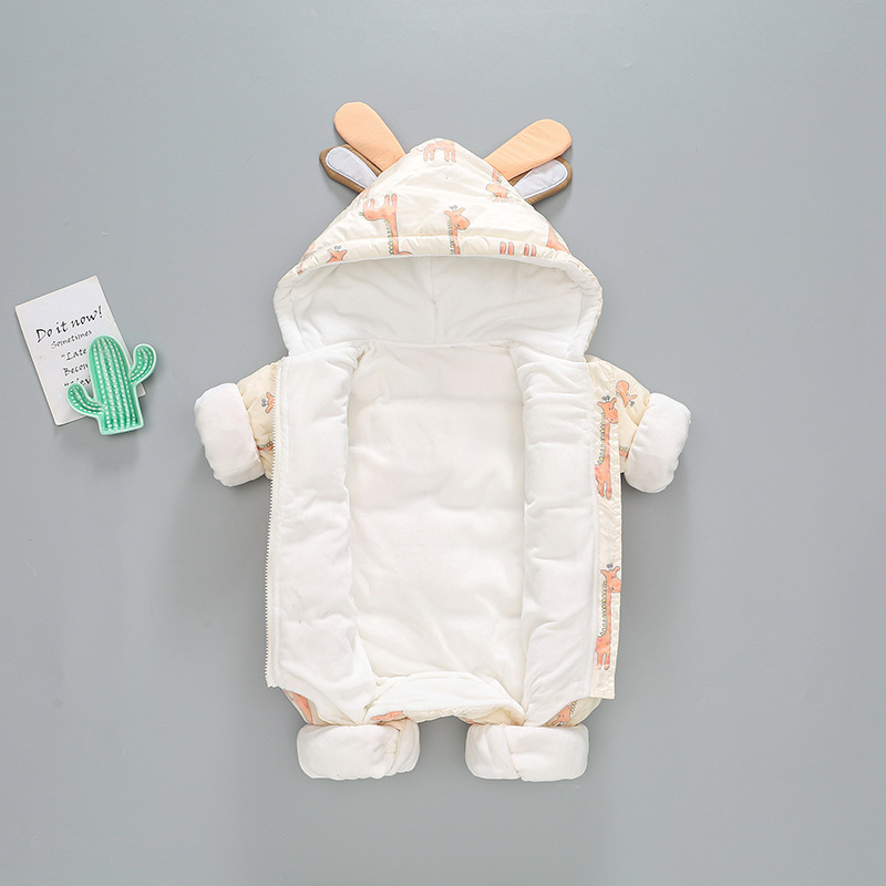 Baby Boy/Girl Winter Thicken Allover Giraffe Pattern and Ear Design Hooded Romper-kissminis