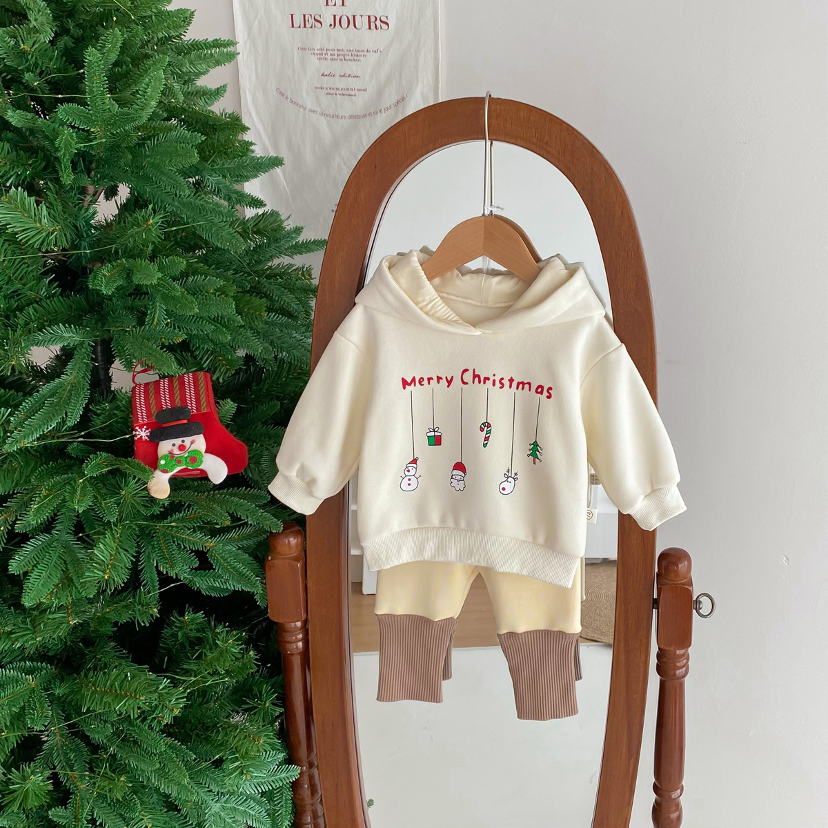 Baby Boy/Girl Christmas Cartoon Hooded Thincken Long Sleeve Sweatshirt with Pants-kissminis