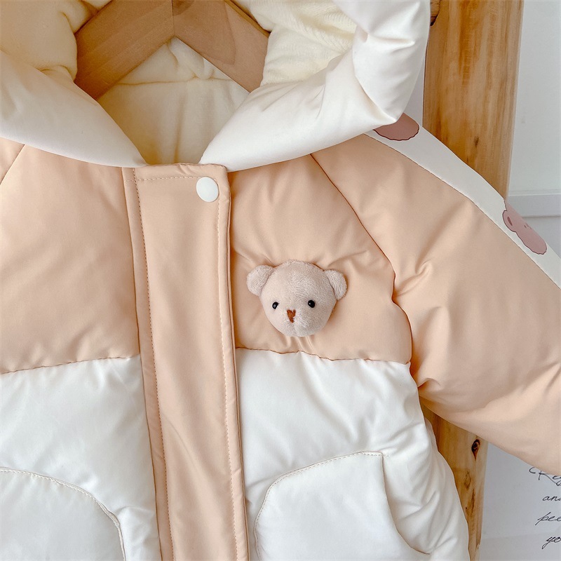 Baby Boy Winter Bear Patch Long Sleeve Hooded Cotton-padded Fluff Romper-kissminis