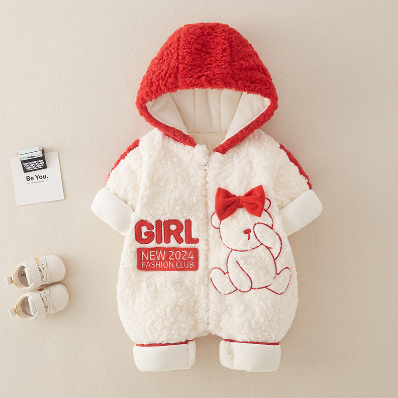 Baby Boy/Girl Winter Bear Tie Design Long Sleeve Thicken Fluff Hooded Romper -kissminis