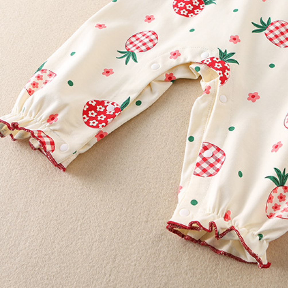 2pcs Baby Girl Allover Red Pineapple Print Plate Buckle Ruffle Flounce Casual Romper with Hairband Set