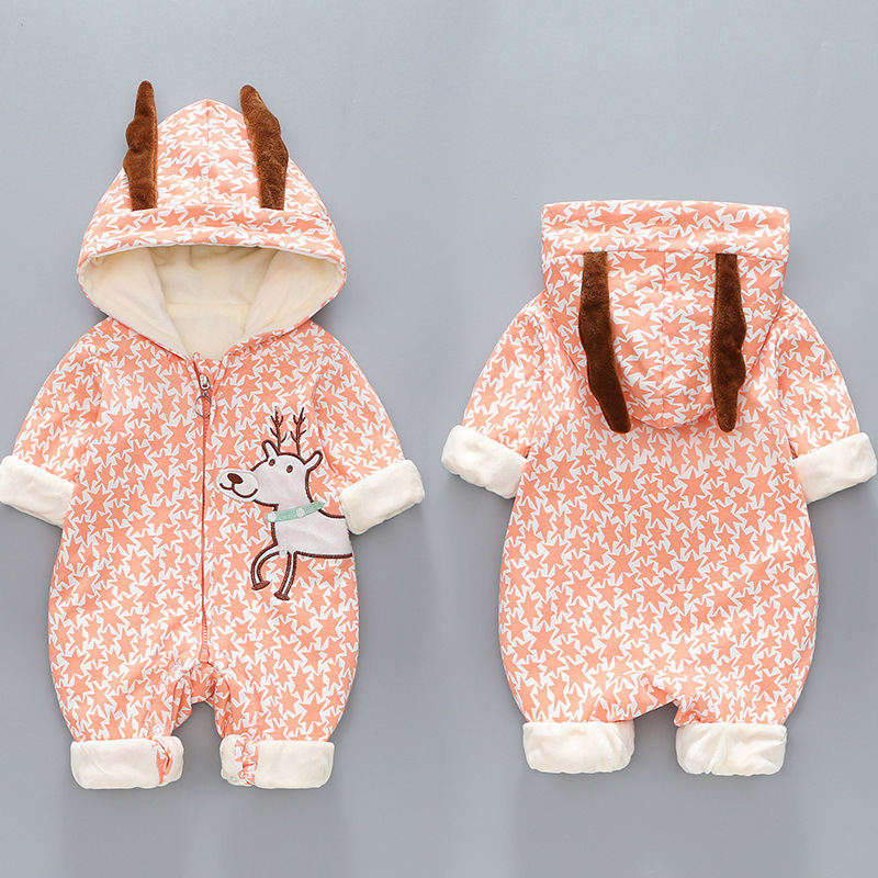 Baby Boy/Girl Allover Star and Elk Pattern Cotton Hooded Romper-kissminis