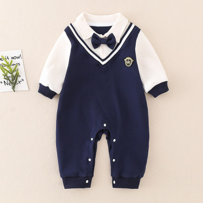 Mock Two-pieces Baby Boy Gentleman Bow Tie Long Sleeve Casual Rompe