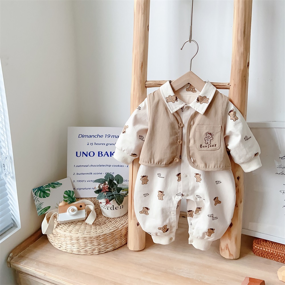 Baby Boy Mock Two-pieces Cartoon Bear Print Long Sleeve Romper-kissminis