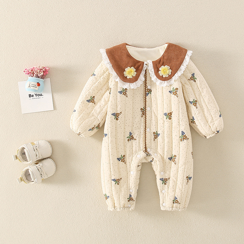 Baby Boy & Girl Dotted with Fowers Graphic Long Sleeve Romper-kissminis
