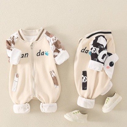 Baby Boy/Girl 3D Suspender Panda Pattern Long Sleeve Zipped Baseball  Romper