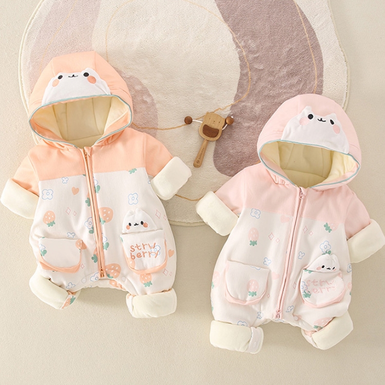 Baby Girl Winter Rabbit Patch Long Sleeve Fluff Hooded Romper-kissminis