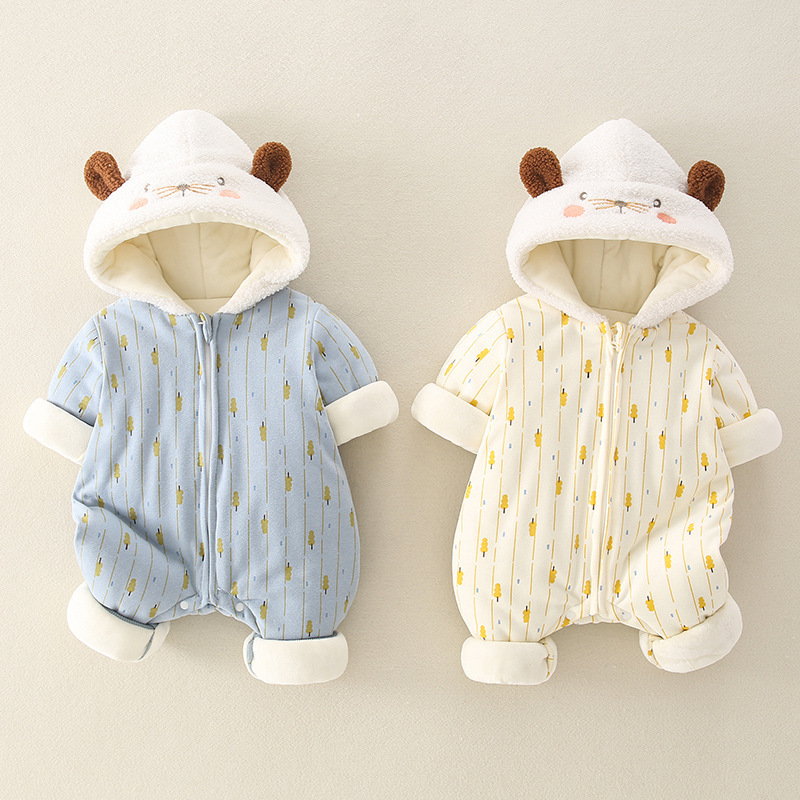 Baby Boy/Girl Cute Animal Pattern Color Block Long Sleeve Hooded Fluff Romper-kissminis
