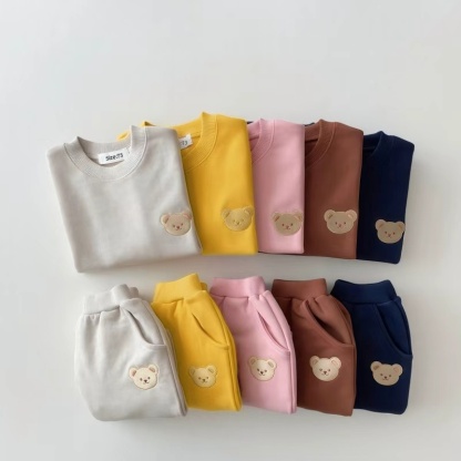 Toddler Boy/Girl Embroideried Mini Bear Solid Color Sweatshirt Set
