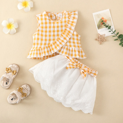 Baby Girl Plaid Ruffle Top Bowknot Mini Skirt Set