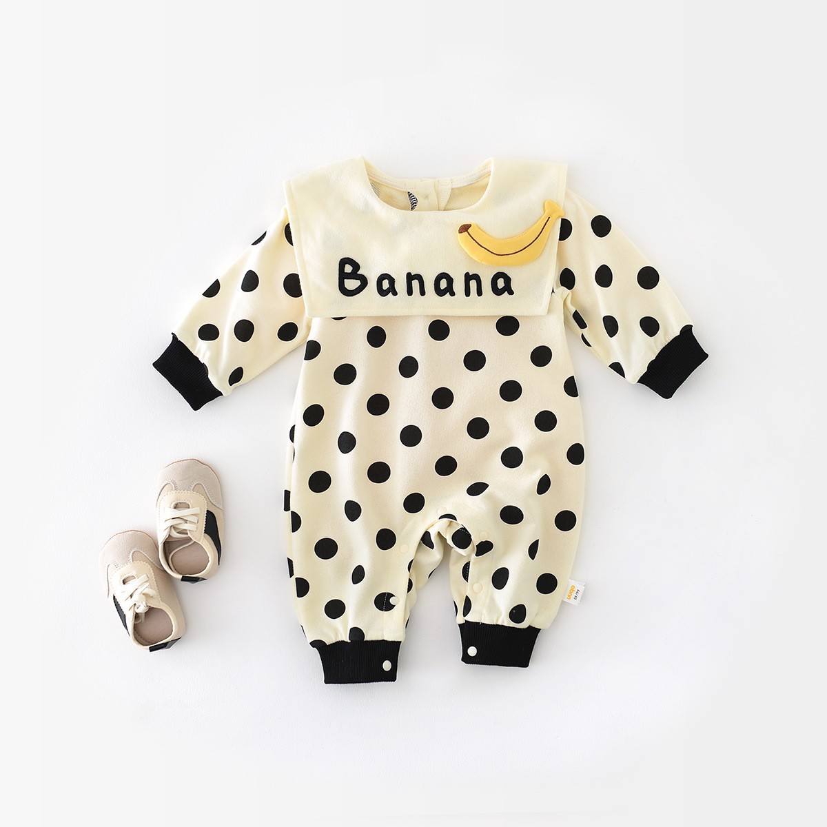 Baby Girl Polka Dot Banana Square Collar Long Sleeve Romper-kissminis