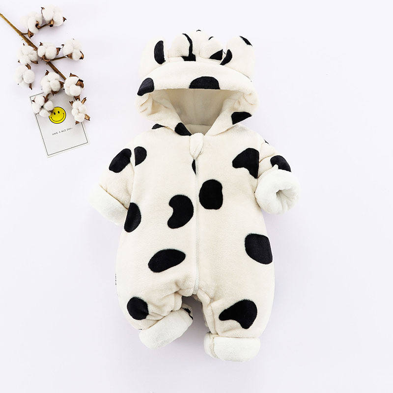 Baby Boy/Girl Winter Thickened Cow Design Hooded Fluff Long Sleeve Romper-kissminis