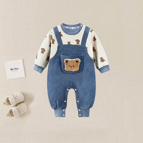 Baby Boy/Girl Allover Cute Bear Pattern Fake Two Pieces Long Sleeve Romper-kissminis
