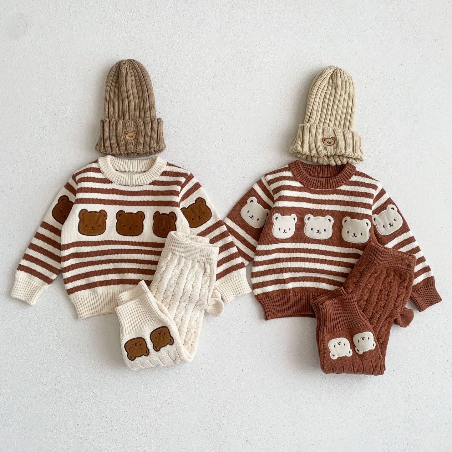 Baby Boy/Girl Cute Cartoon Bear Knitted Solid Color Long Sleeve Sweaters and Pants-kissminis
