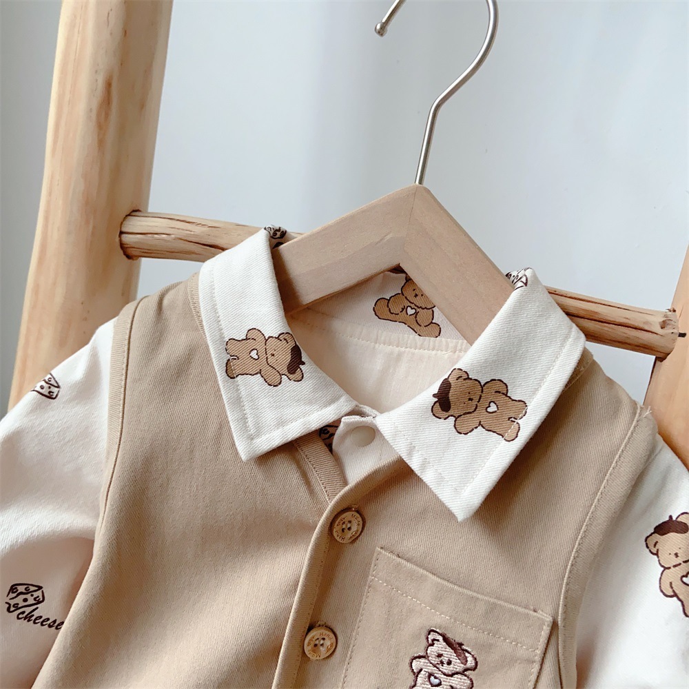Baby Boy Mock Two-pieces Cartoon Bear Print Long Sleeve Romper-kissminis