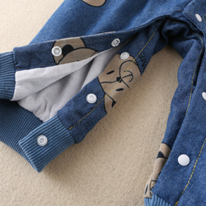 Baby Boy/Girl Allover Bear Print Polo Collar Long Sleeve Denim Fashion Romper