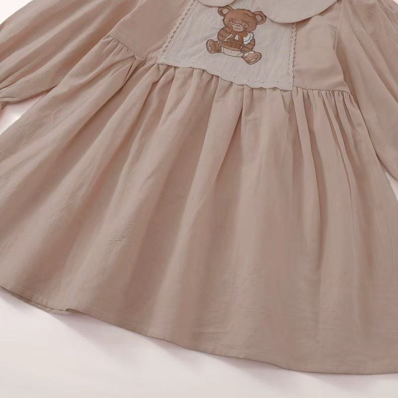 Baby Girl Babydoll Collar Bear Embroidery Long Sleeve Dress