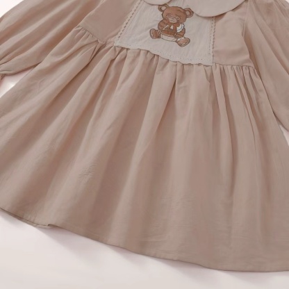 Baby Girl Babydoll Collar Bear Embroidery Long Sleeve Dress