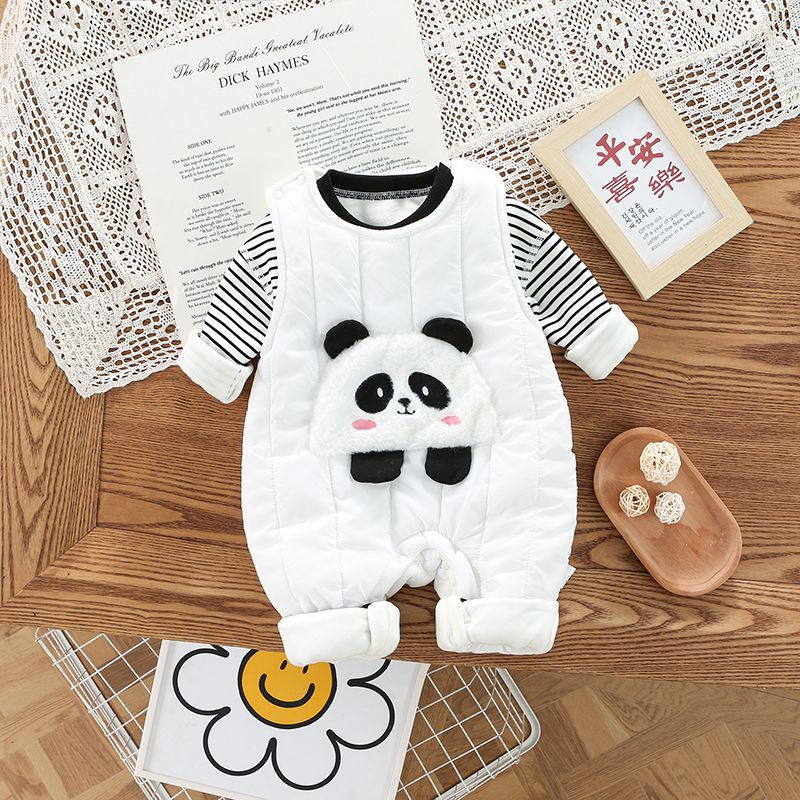 2pcs Baby Boy/Girl Winter Fleece Stripe Line Panda Graphic Overall Romper with Sweatshirt Set-kissminis