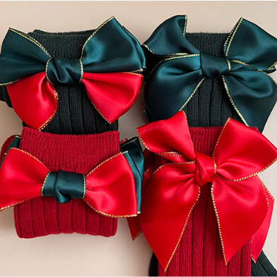 Baby Toddler Girl Christmas Style Solid Color Satin Bow Stocking-kissminis