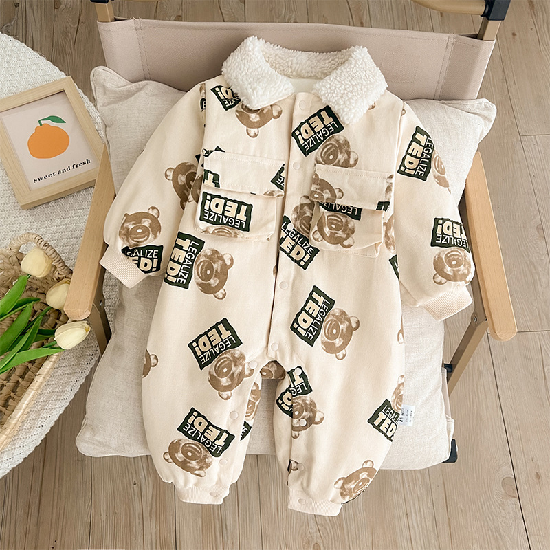 Baby Boy Allover Ted Bear Pattern Winter Thicken Long Sleeve Romper-kissminis