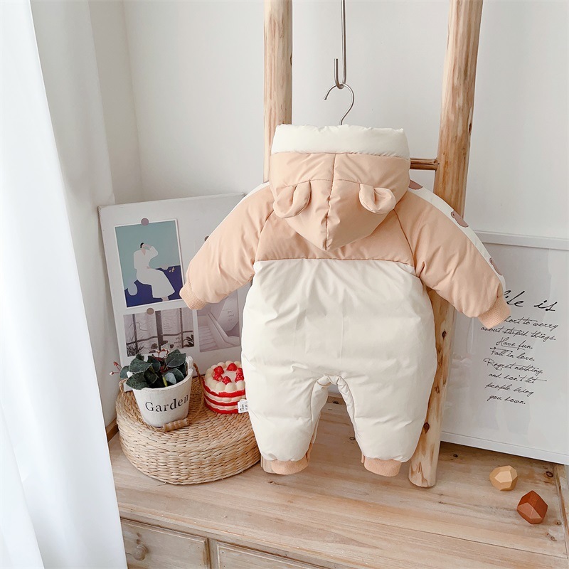 Baby Boy Winter Bear Patch Long Sleeve Hooded Cotton-padded Fluff Romper-kissminis