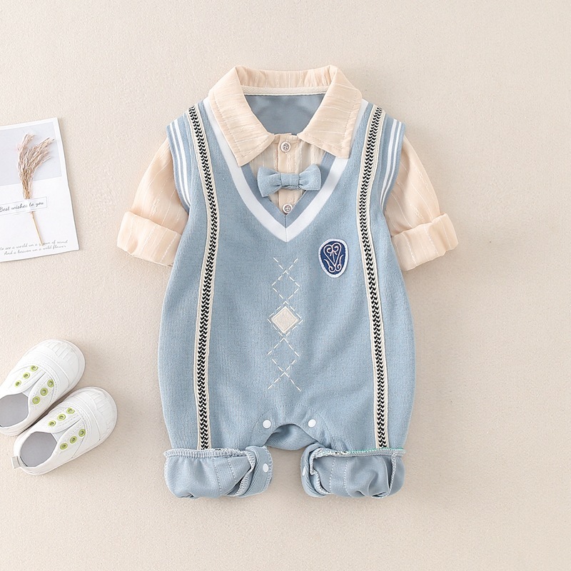 Baby Boy/Girl Mock Two Pieces Collegiate Style Knit Long Sleeve Romper-kissminis