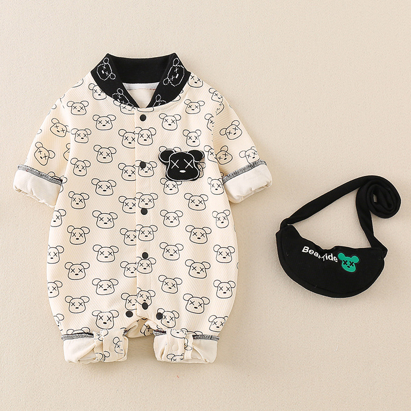 2pcs Baby Boy/Girl Cartoon Bear Print Long Sleeve Romper with Shoulder Bag Set-kissminis