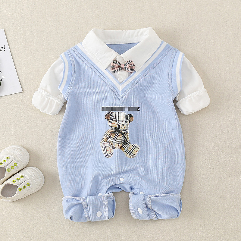 Mock Two-pieces Baby Boy Plaid Bear Print and Bow Tie Collar Long Romper-kissminis