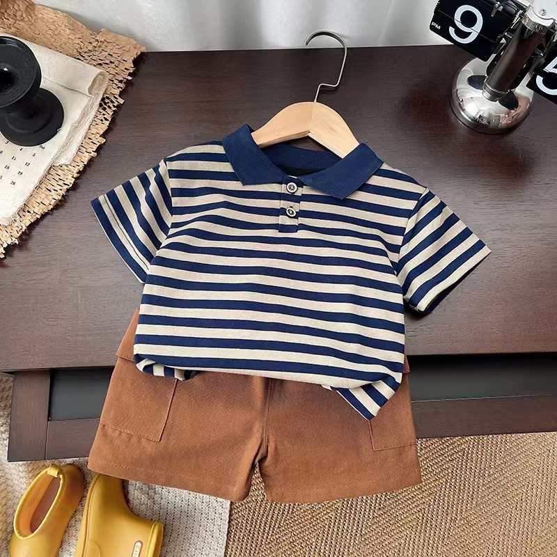 Navy and Beige Striped Polo Short Sleeve Shirt and Brown Shorts Set