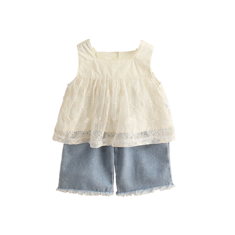 White Sleeveless Lace Adorned Top and Blue Denim 2PCS Shorts Set
