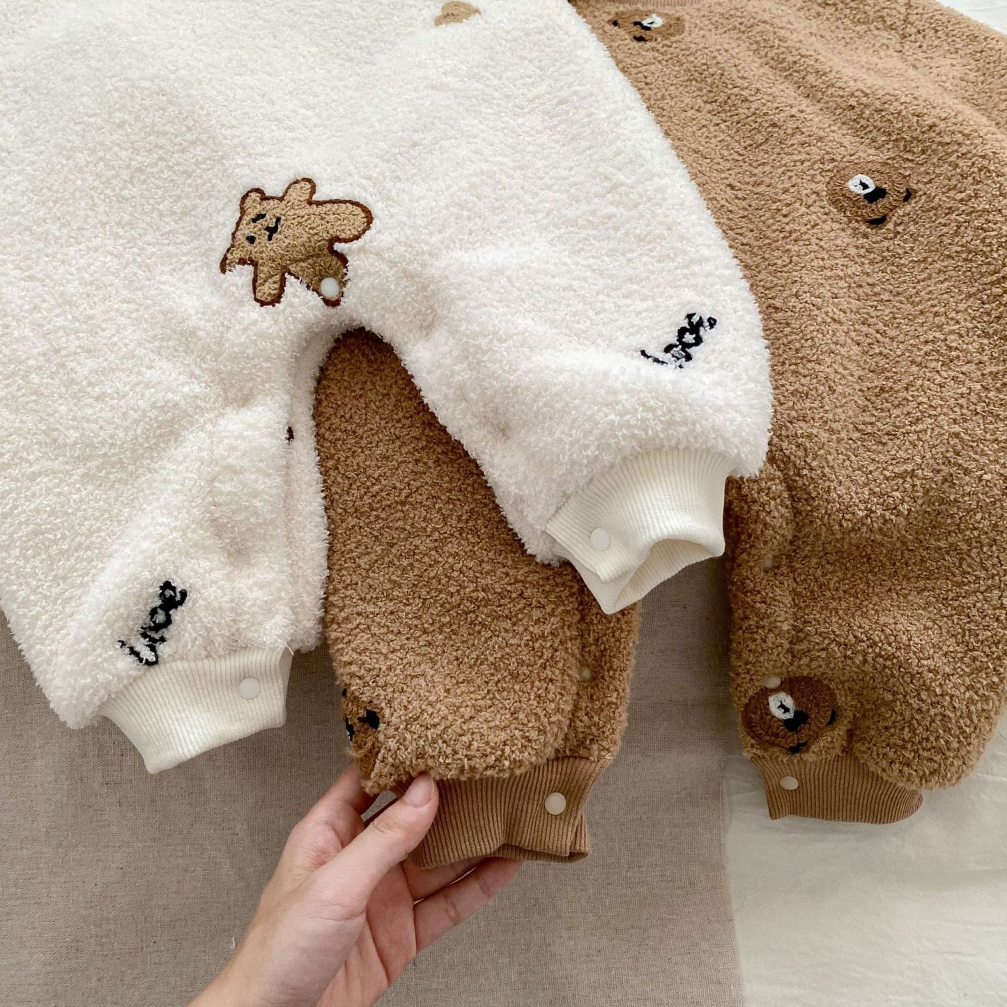 Baby Winter Fleece Solid Color Bear Pattern Romper-kissminis