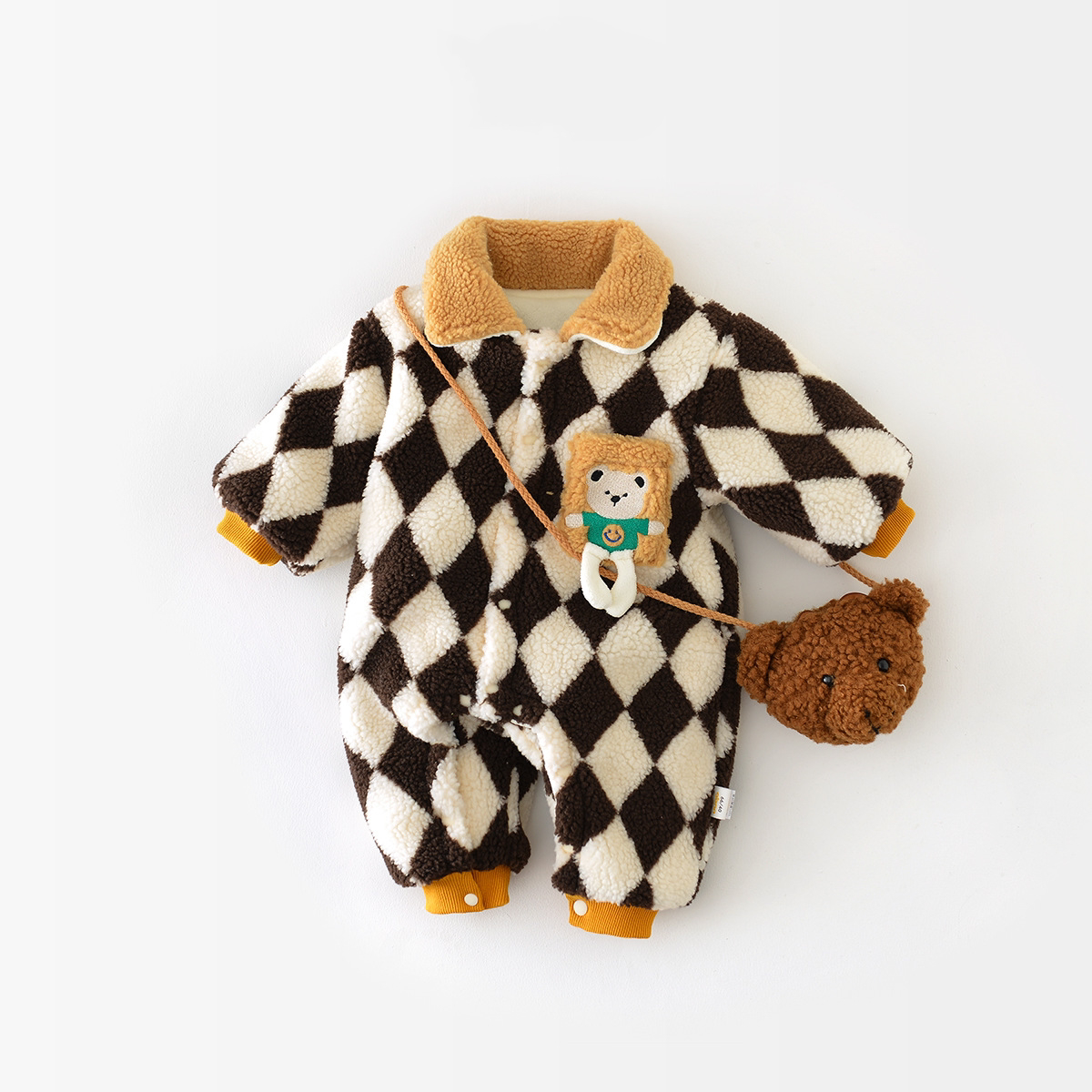 Winter Baby Boy Bear Plaid Graphic Fluff Long Sleeve Romper-kissminis