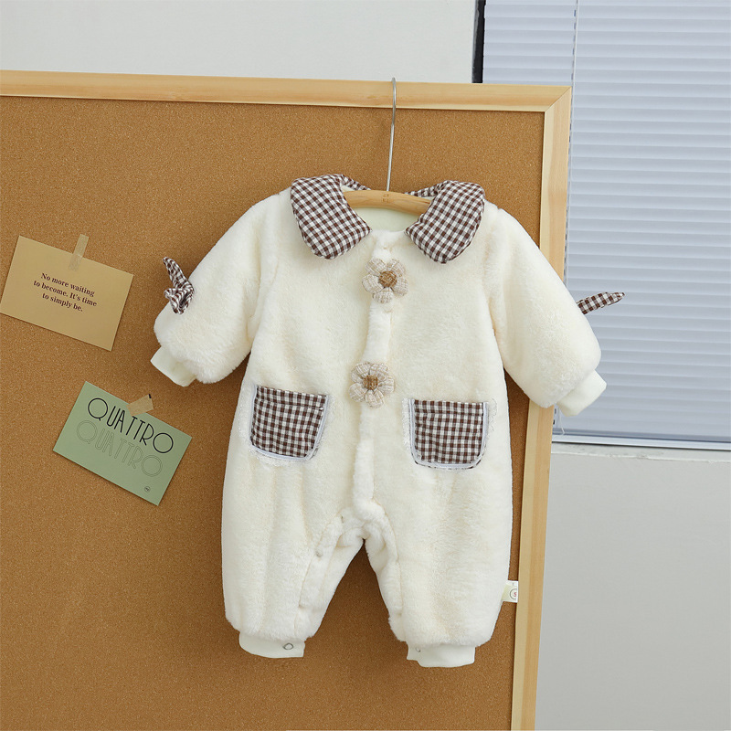 Baby Boy Winter Thicken Floral Plaid Fluff Long Sleeve Romper-kissminis
