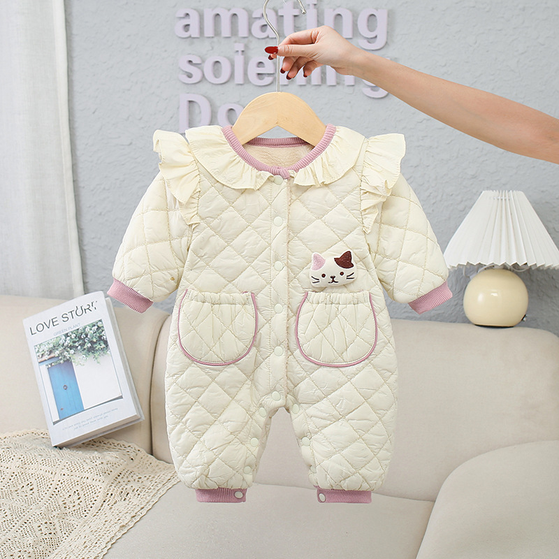 Baby Boy/Girl Thicken Fleece Cute 3D Cat Design Graphic Long Sleeve Romper-kissminis