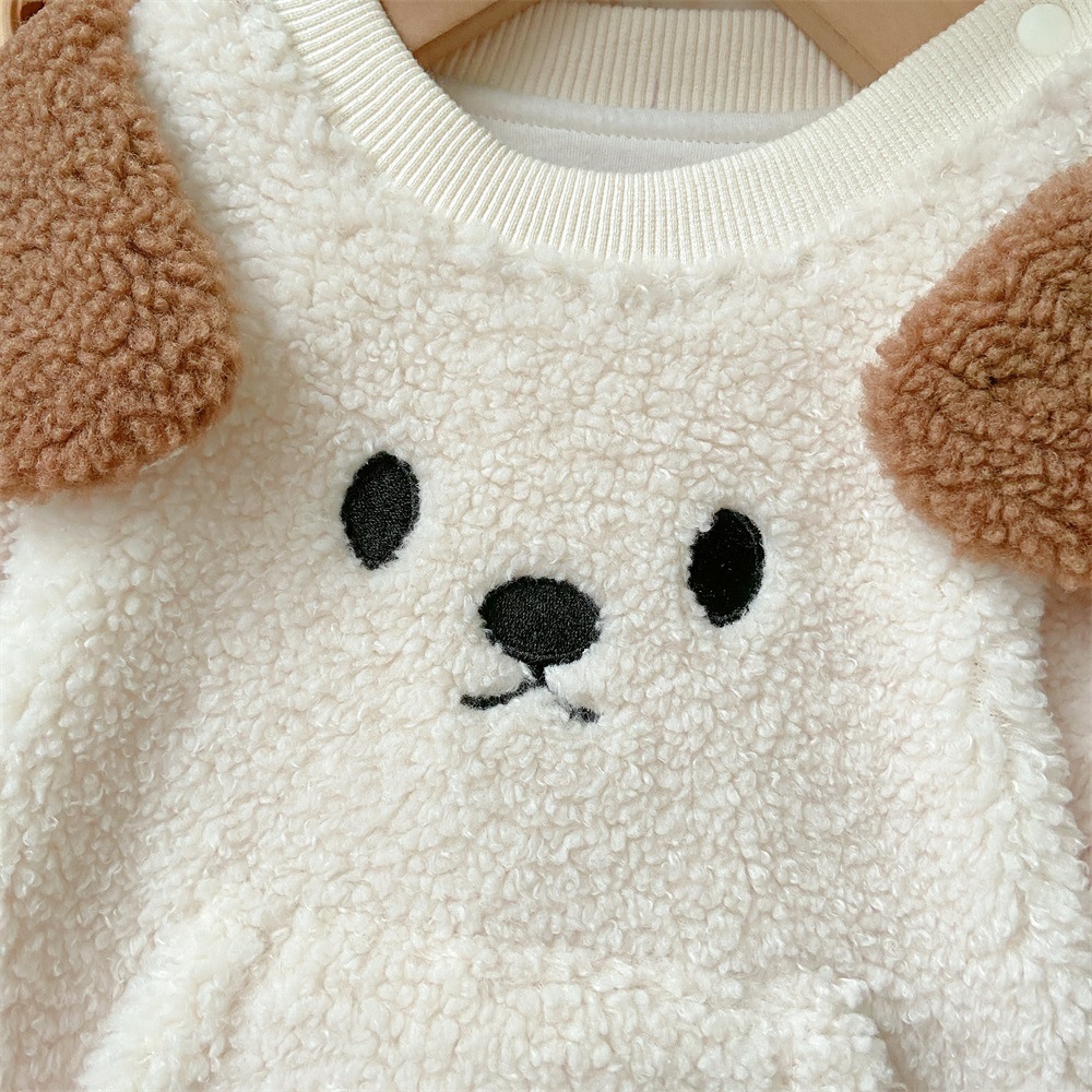 Baby Boy/Girl Winter Thicken Fluff Cute Bear Design Long Sleeve Bodysuit and Hat and Pants Set-kissminis